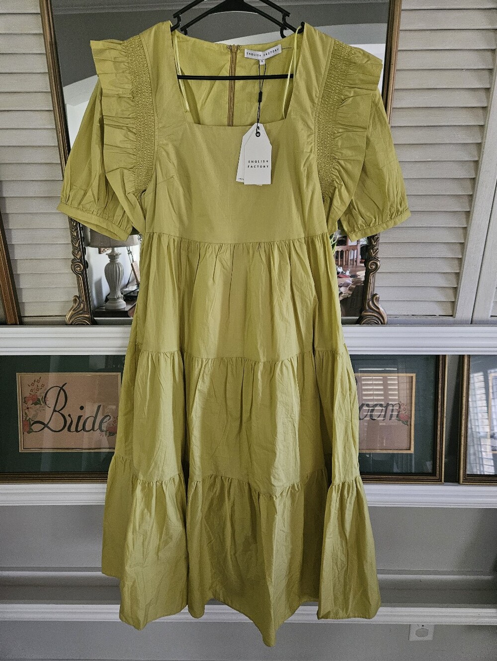 English Factory Square Neck Ruffle Smocked Detail Midi Dress